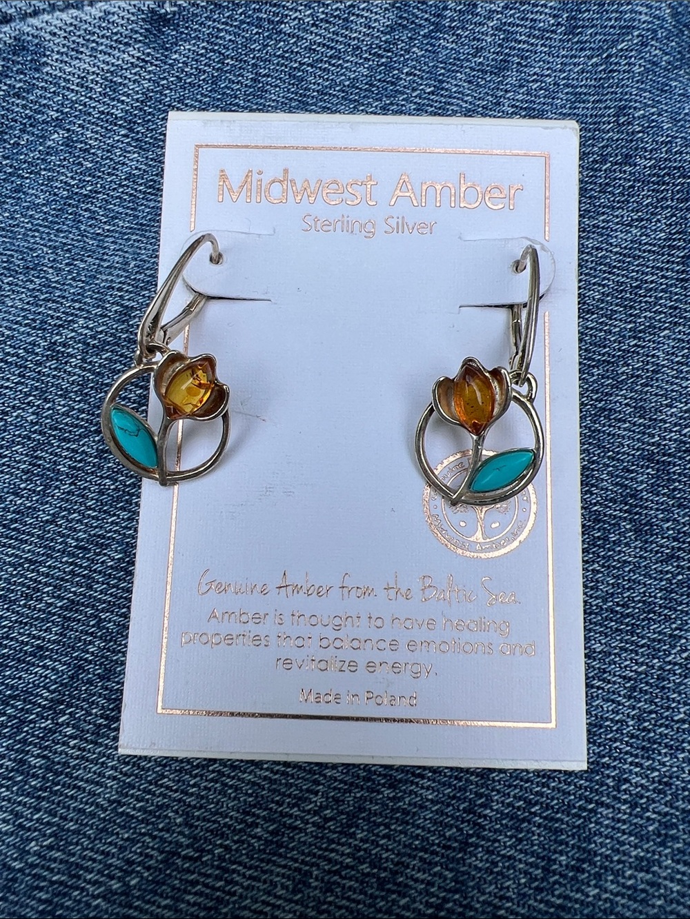 Sterling Silver Amber & Turquoise Flower Drop Earrings - Yellow & Teal